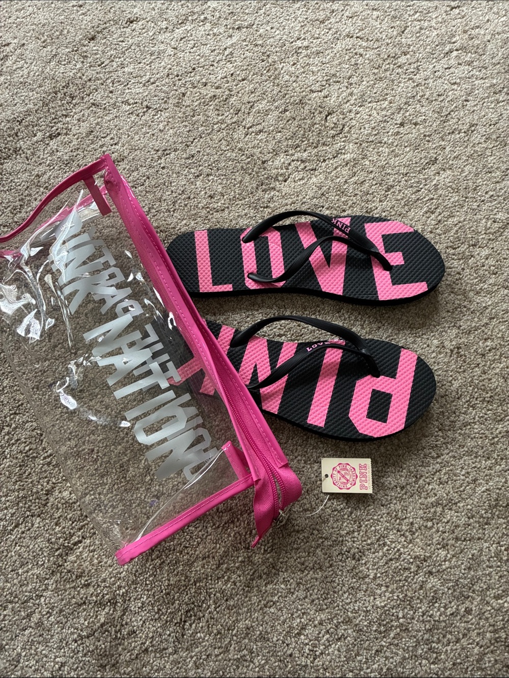 PINK Black & Hot Pink 'LOVE' womens Flip Flops with Clear Pouch